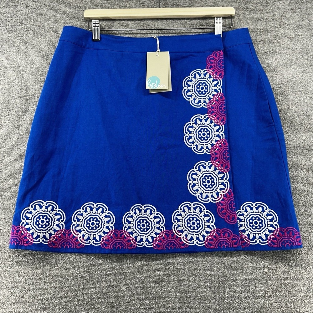 Boden Mini Wrap Skirt Women Size 12 Blue Embroidery Casual Linen Blend